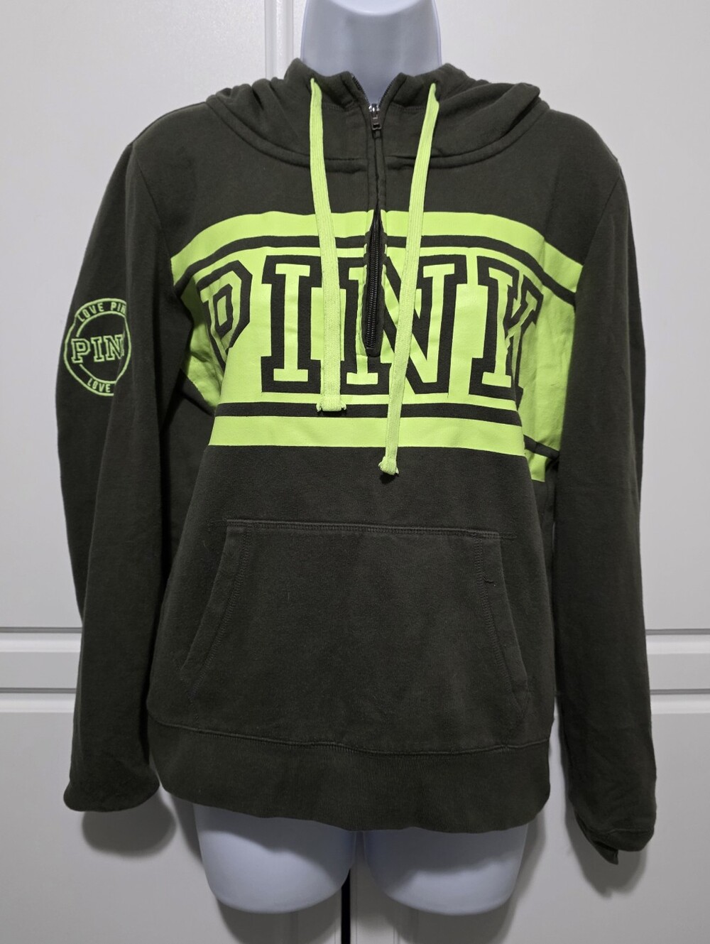 PINK Victoria's Secret Love Pink Womens Olive Green Neon Half-Zip Hoodie Sweater